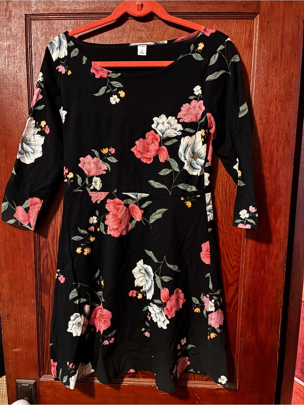 Old Navy Black Floral Fit-and-Flare Dress with Pink & Cream Blooms